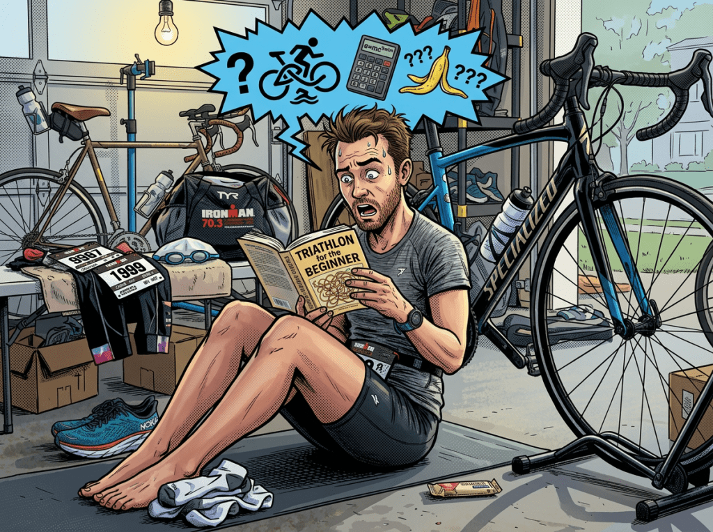 Man sitting on mat reading Triathlon Triathlete beginner's guide book with bicycles and gear around
